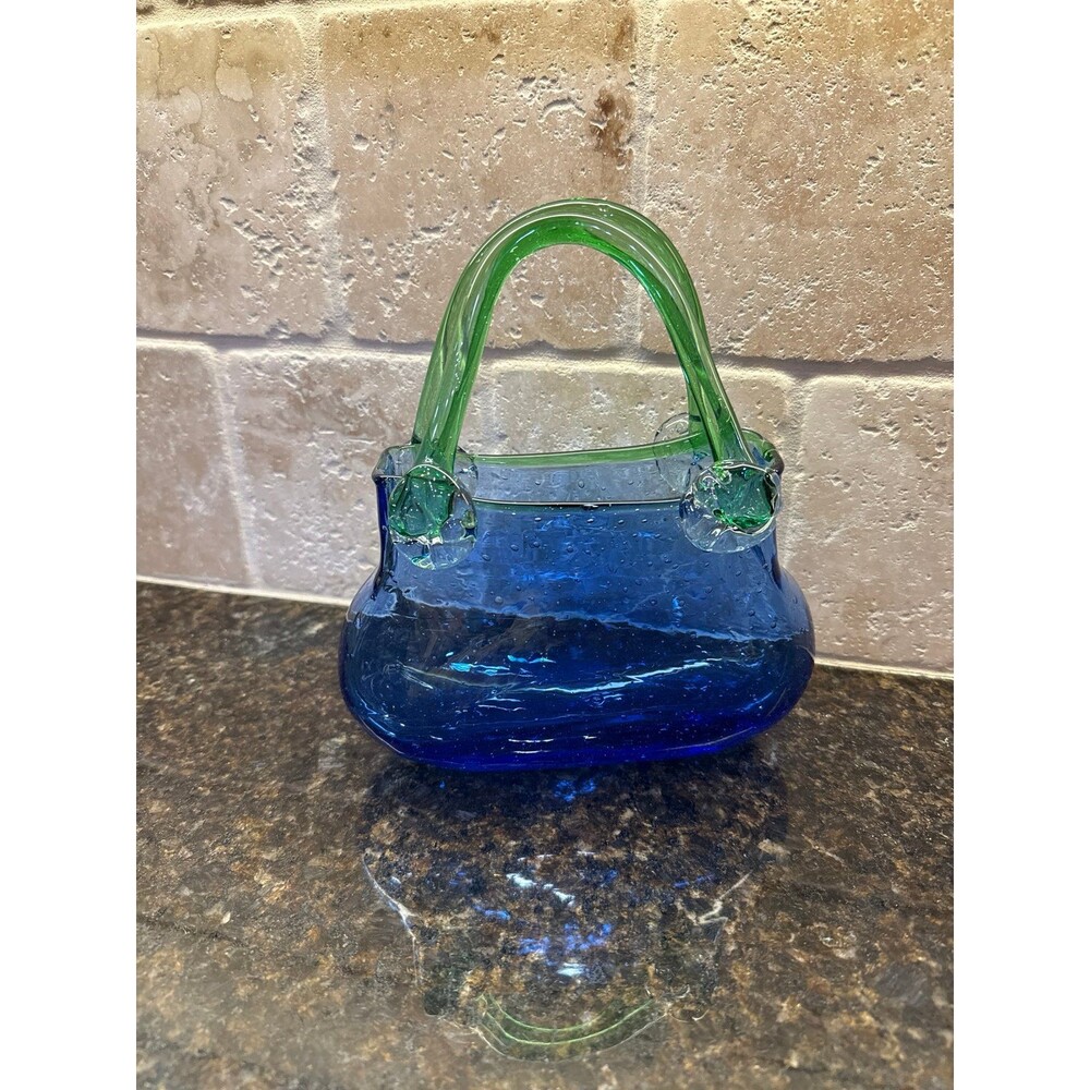 Murano Blown Glass Decorative Handbag Vase Blue Green EUC - Picture 1 of 7
